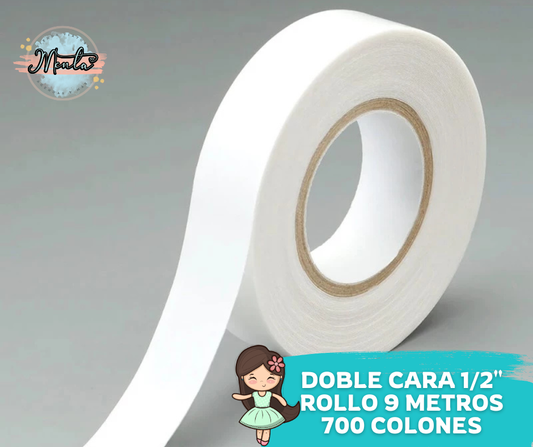 Cinta doble cara 1/2" ancho. Rollo 9 Metros